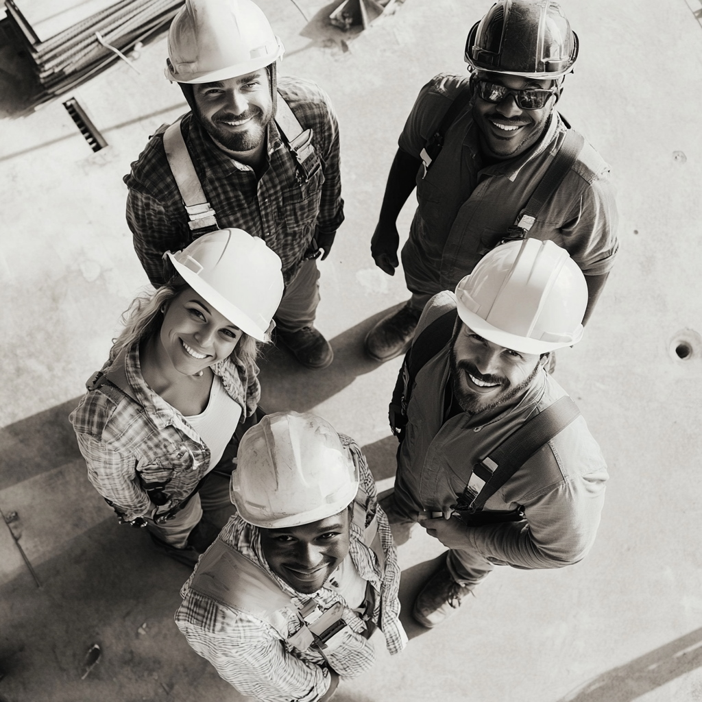 Group of diverse construction workers taking selfie photo.