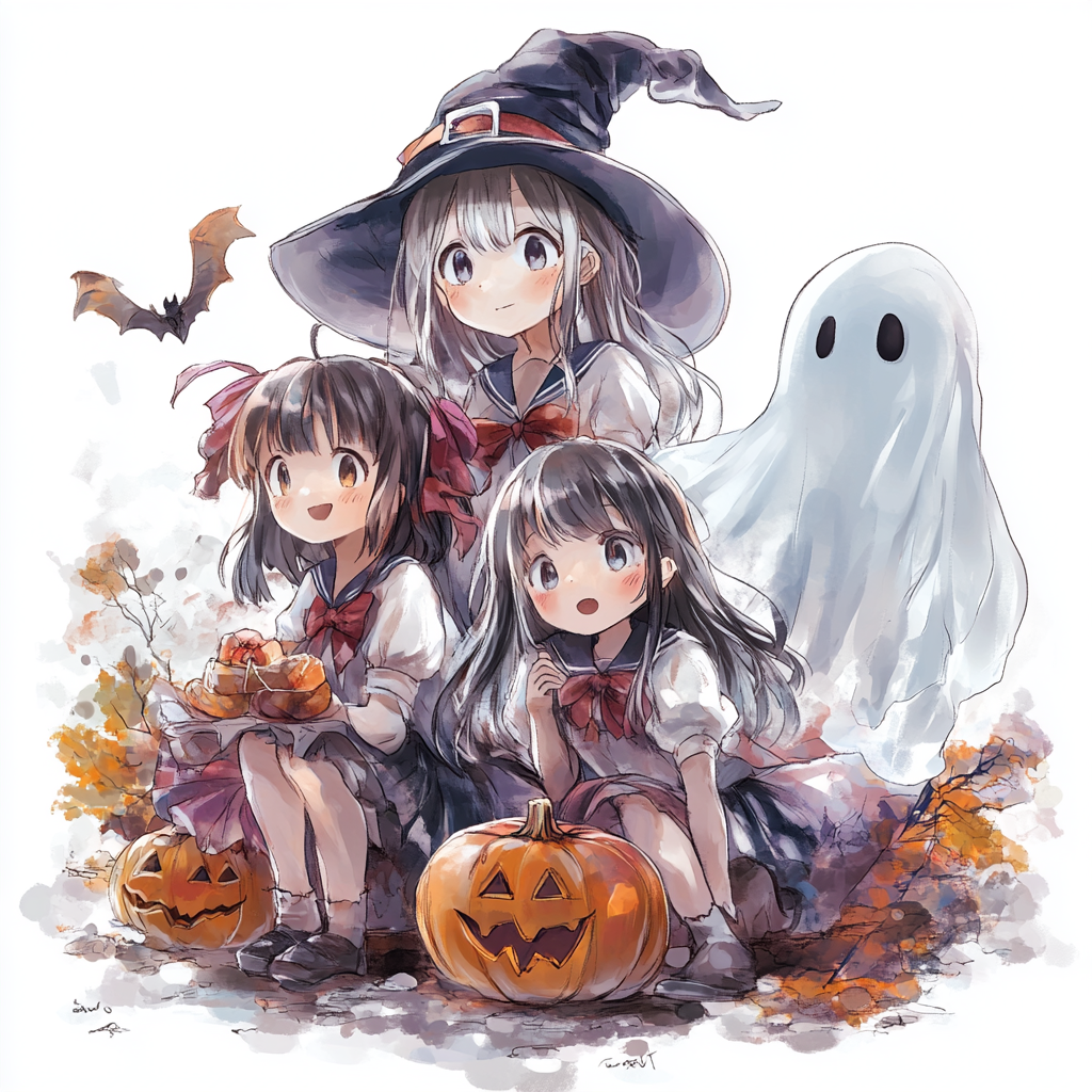 Group of elementary girls dressed as witches with ghost.