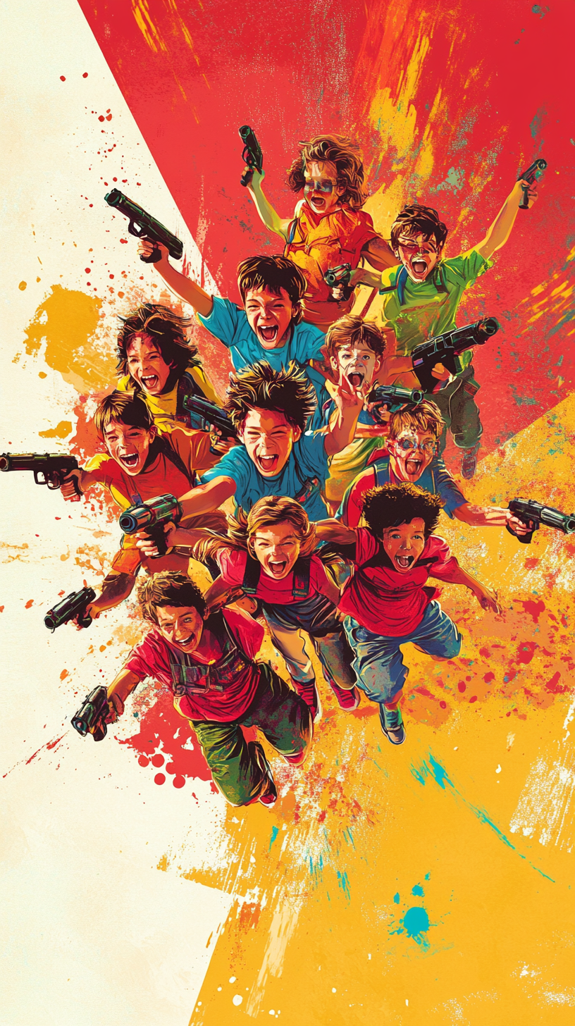 Group of kids bursting forward in retro movie poster.