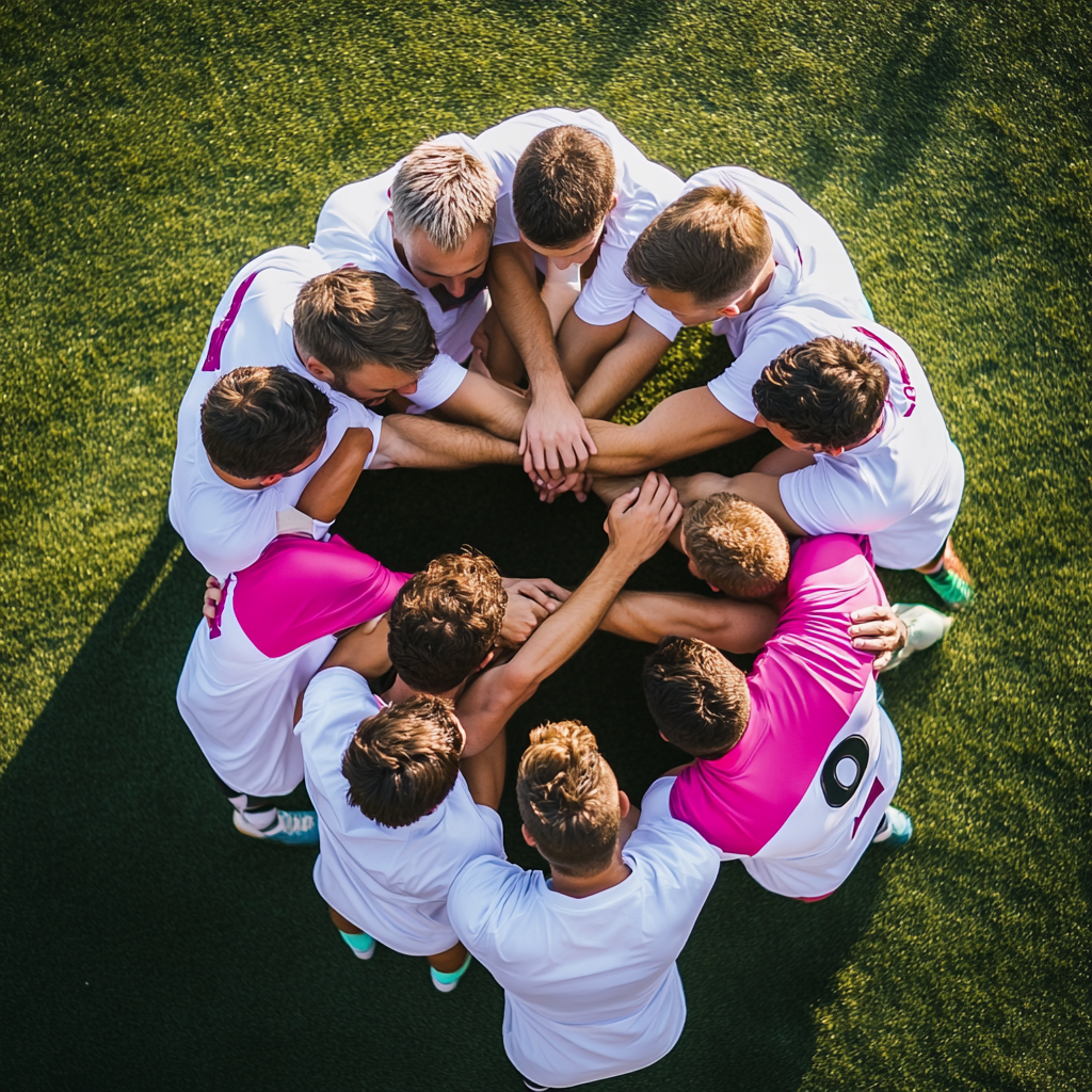 Group of male athletes hugging in white and fuchsia shirts.