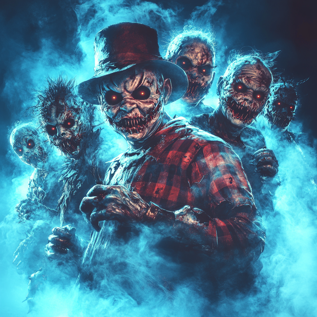 Group of menacing Freddy Krugers in eerie composition.