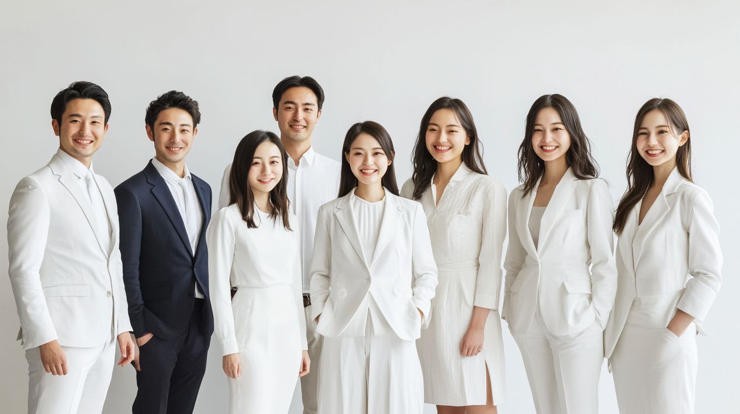 Group of nine Japanese professionals in elegant attire, smiling proudly.