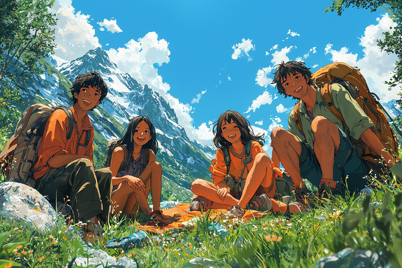 Group of people camping in beautifully-rendered anime landscape.