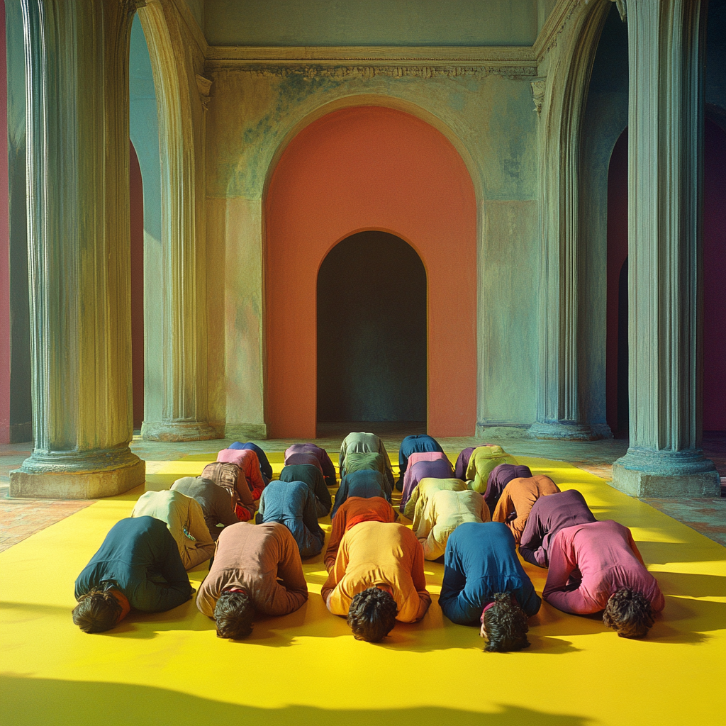 Group of people in colorful scene kneeling indoors.