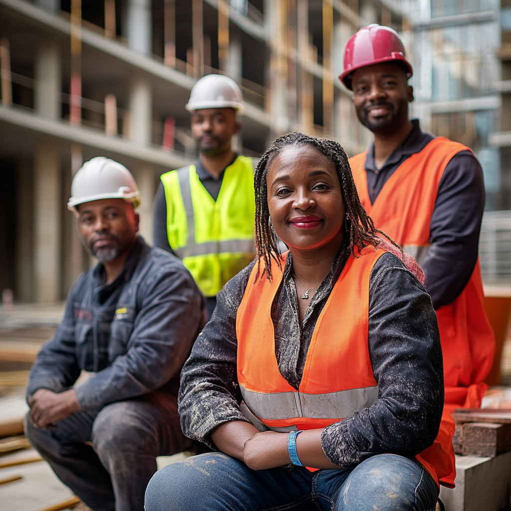 Group of proud workers on building site, looking into camera.