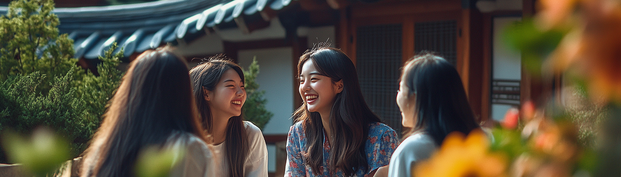 Group of young Korean and European women in garden.