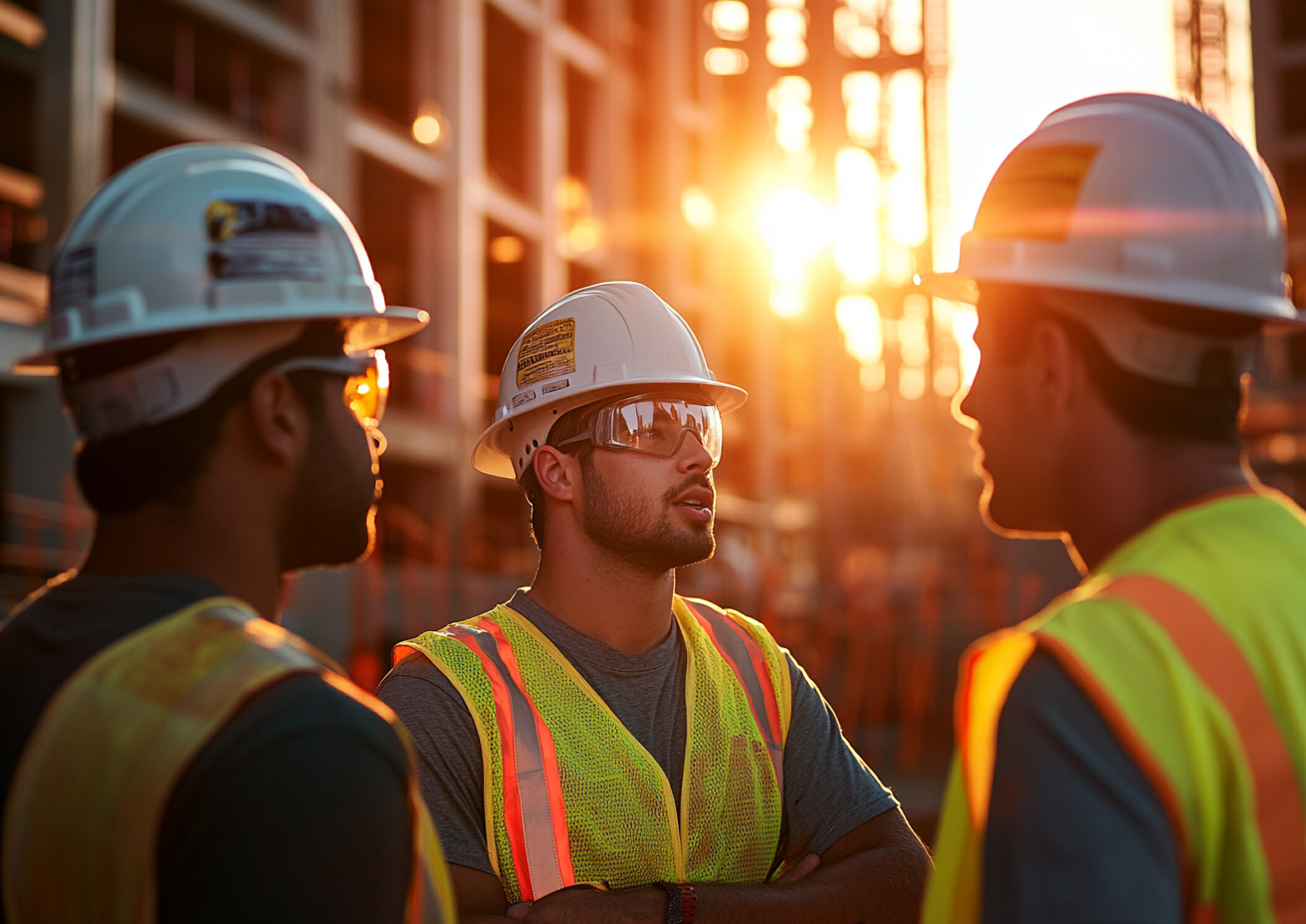 Group of young male construction workers talking with supervisor.