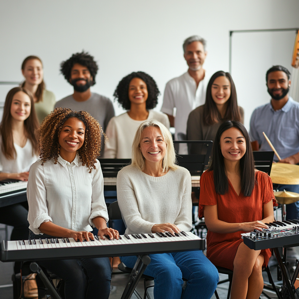 Group photo of diverse adults in music class studio.