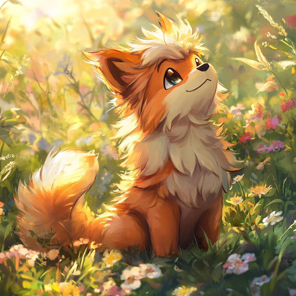 Growlithe sitting in meadow surrounded by wildflowers, fluffy fur.