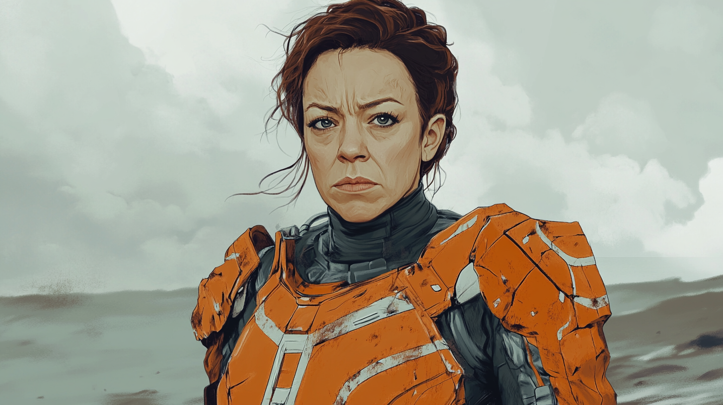 Grumpy paladin Olivia Coleman on misty beach.