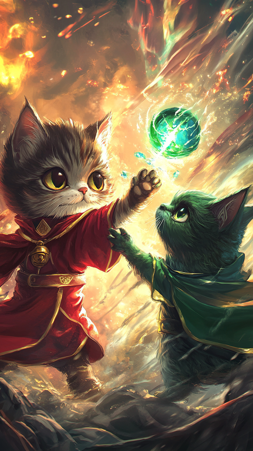 Gryffindor cat and Slytherin dog in magic duel.