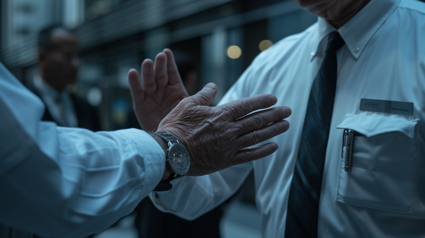 Guard's hands in pat-down inspection, intense textures and tension.