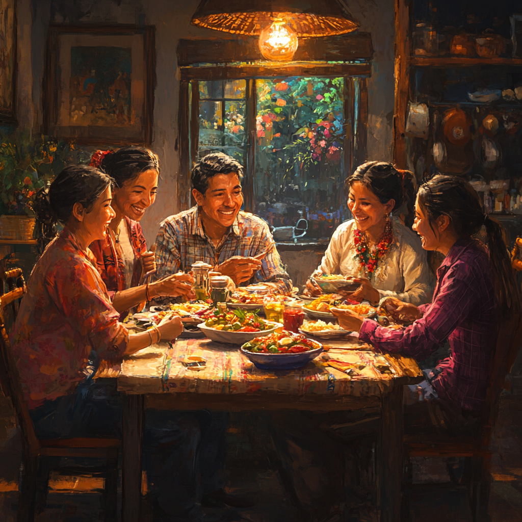 Guatemalan family joyfully eating together in cozy kitchen