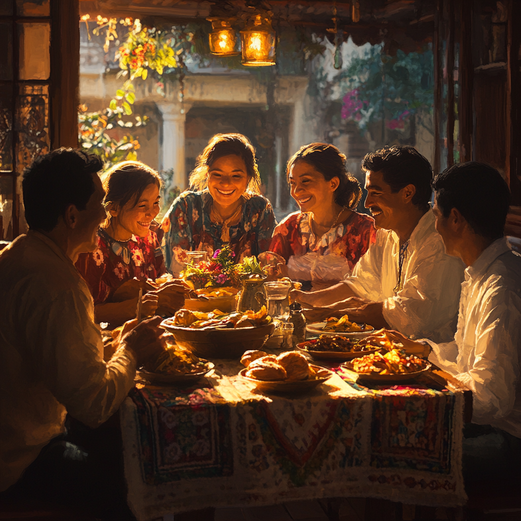 Guatemalan family shares joyful meal around table