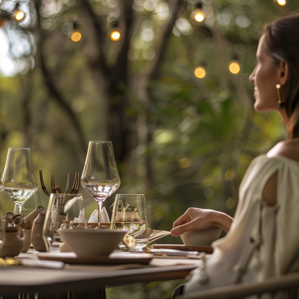 Guest sits quietly at outdoor dinner table in nature