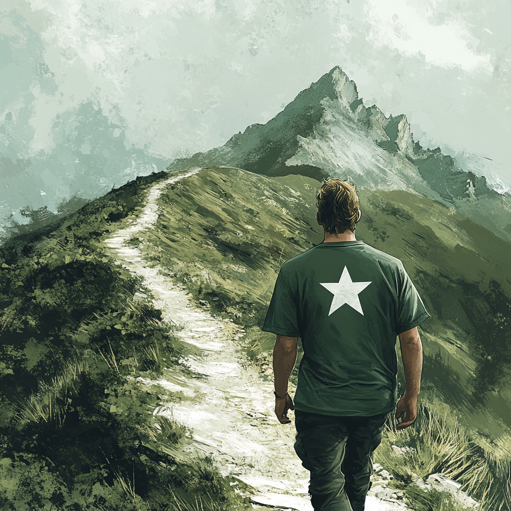 Guide in green shirt with white star climbs mountain.