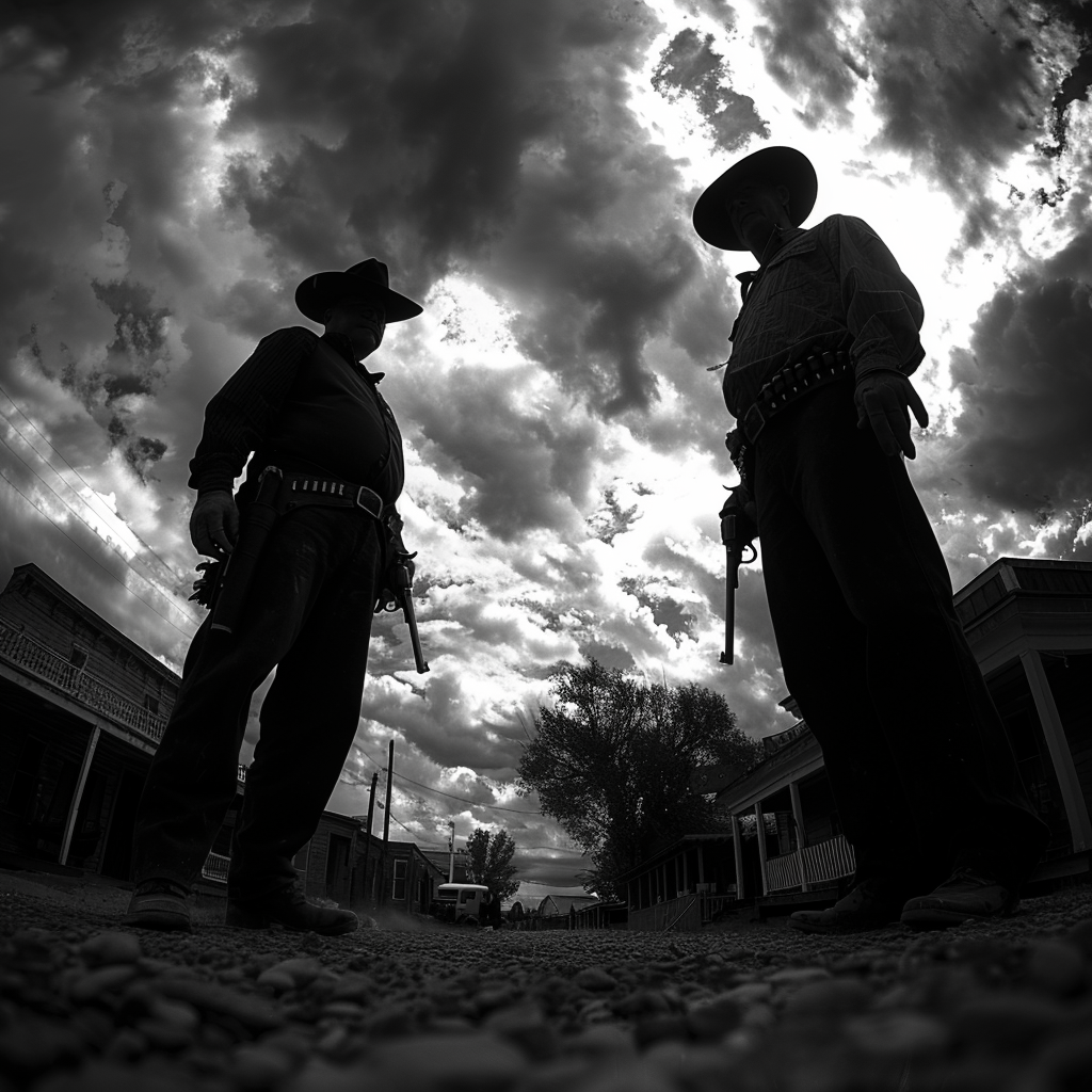 Gunfighters Face-off under Rain Clouds in Frontier Town