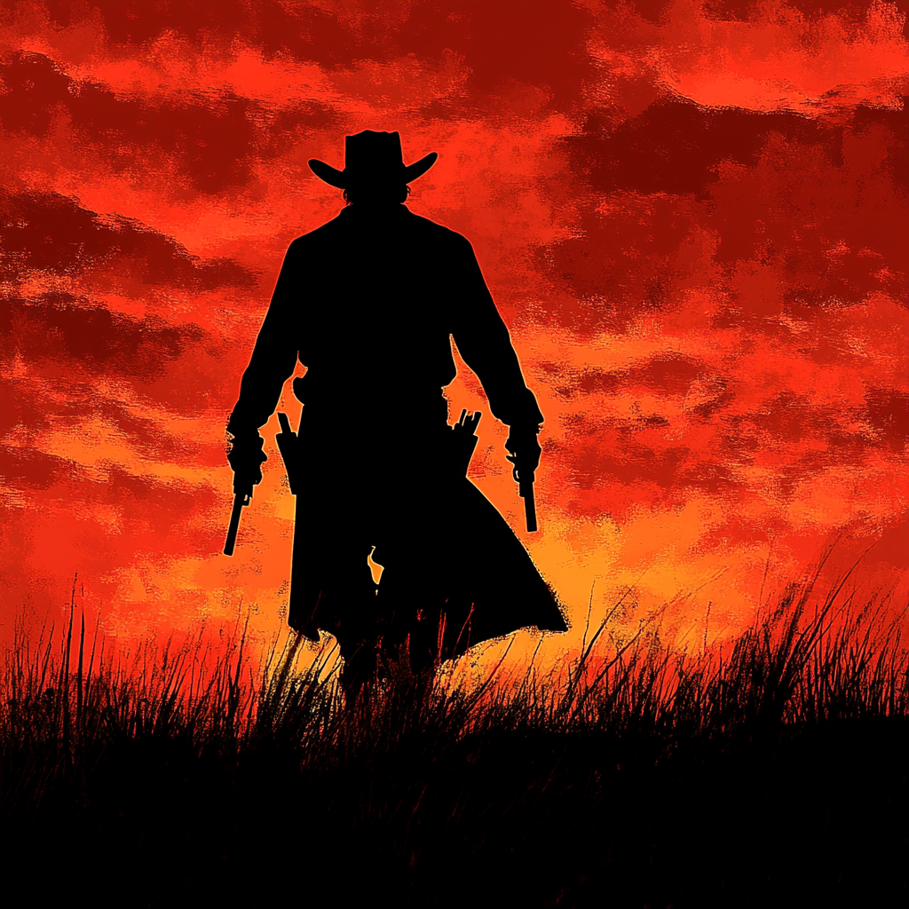 Gunslinger in sunset with revolvers and fiery sky.