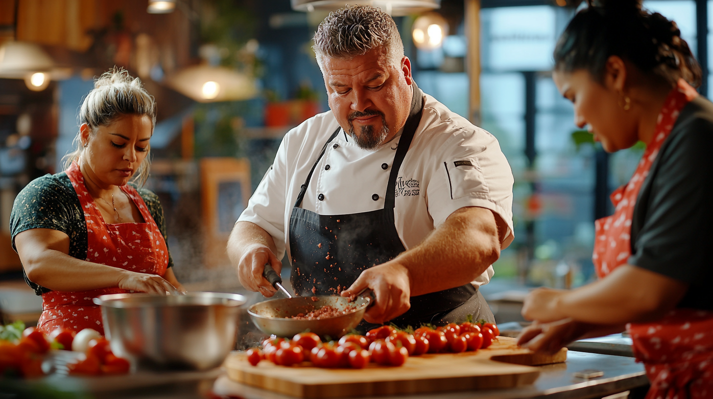 Guy Fieri Cooking Show with Team in Kitchen