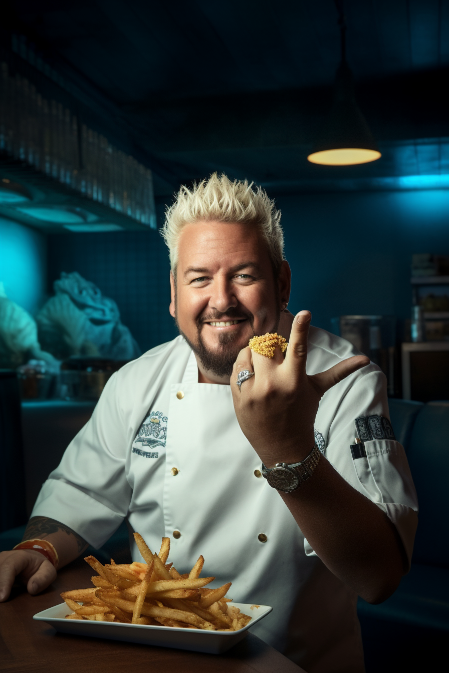 Guy Fieri in Chef Whites with Nacho Gesture 