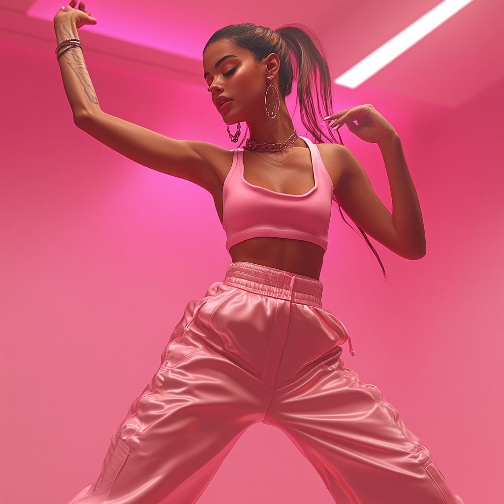 HD photo of model in PINK dancing to music.