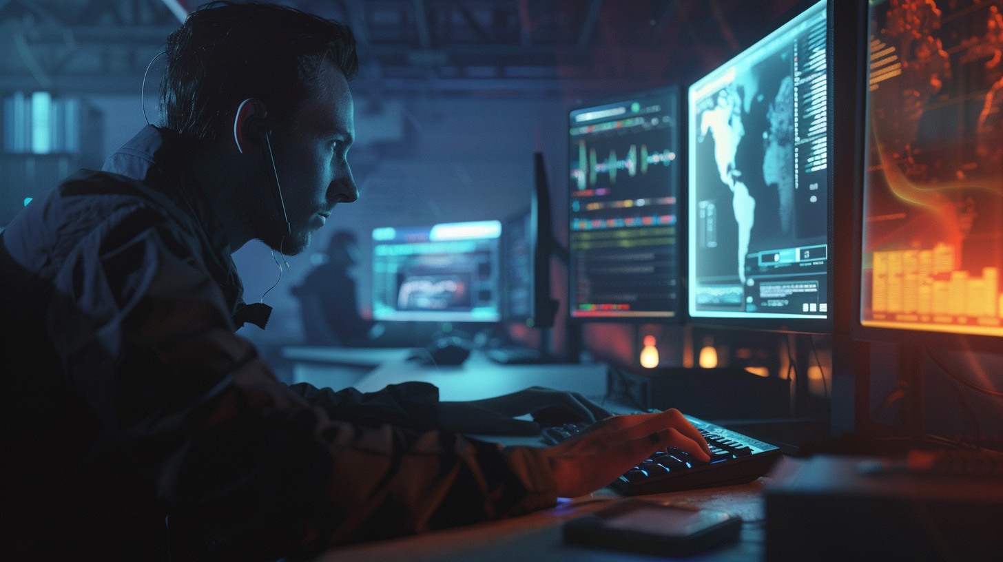 Hacker in dark office, determined expression, pressing keyboard.