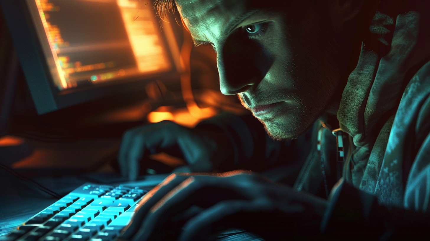 Hacker in shadowy room, pressing key on keyboard.