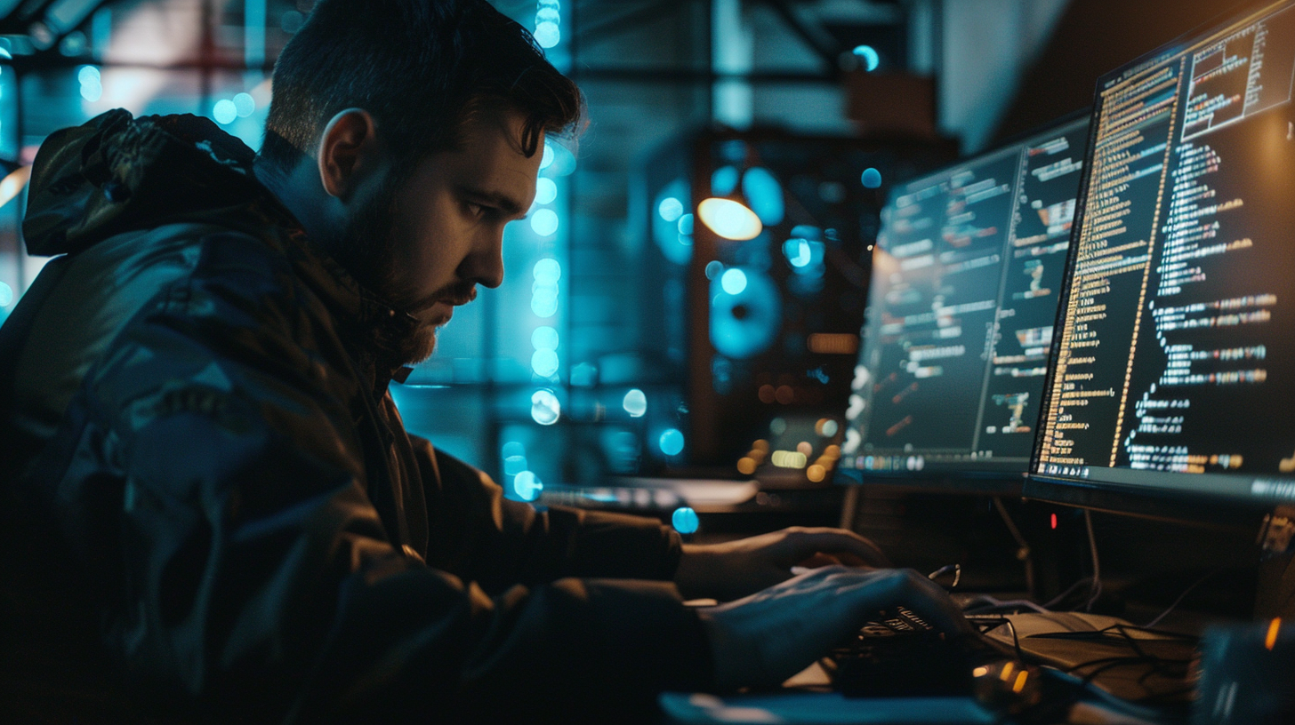 Hacker typing on keyboard, surrounded by computer screens.