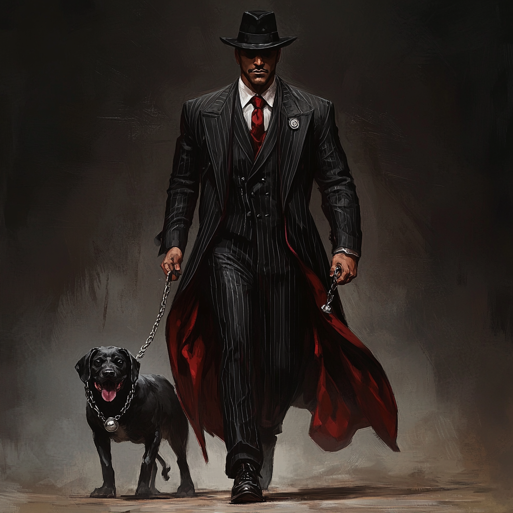 Hades as gangster in pinstripe suit with dog.