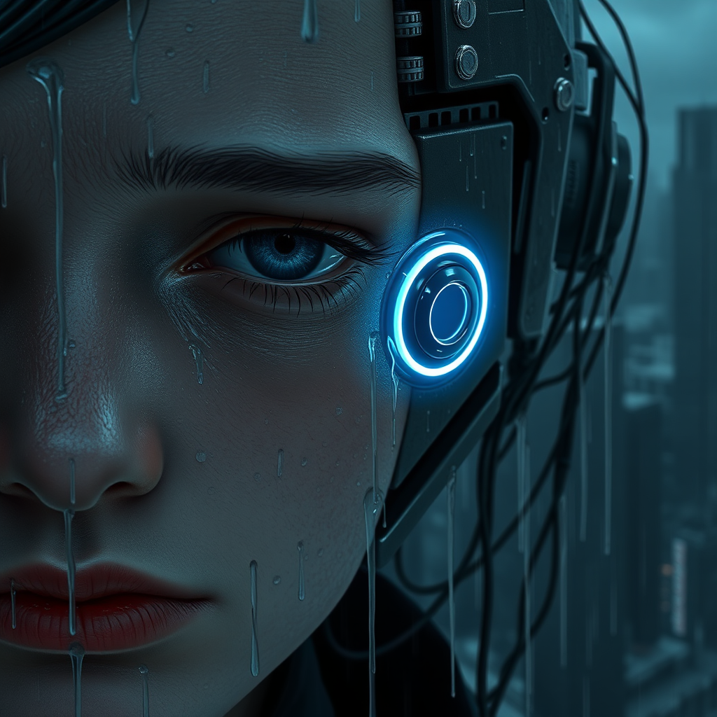 Half Human, Half Robot Portrait in Futuristic City