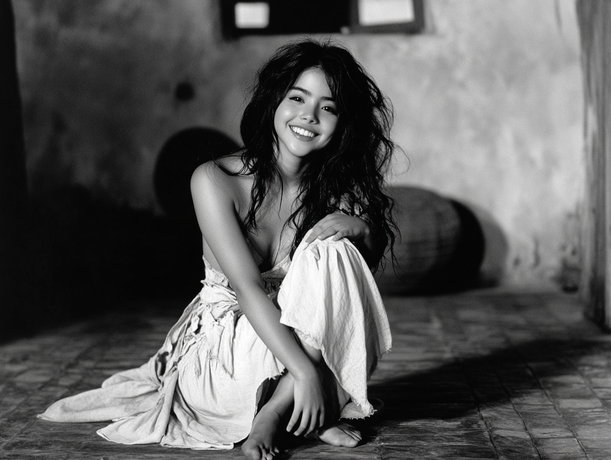 Half-Korean Selena Gomez, smiling in peasant skirt, black&white 1994.