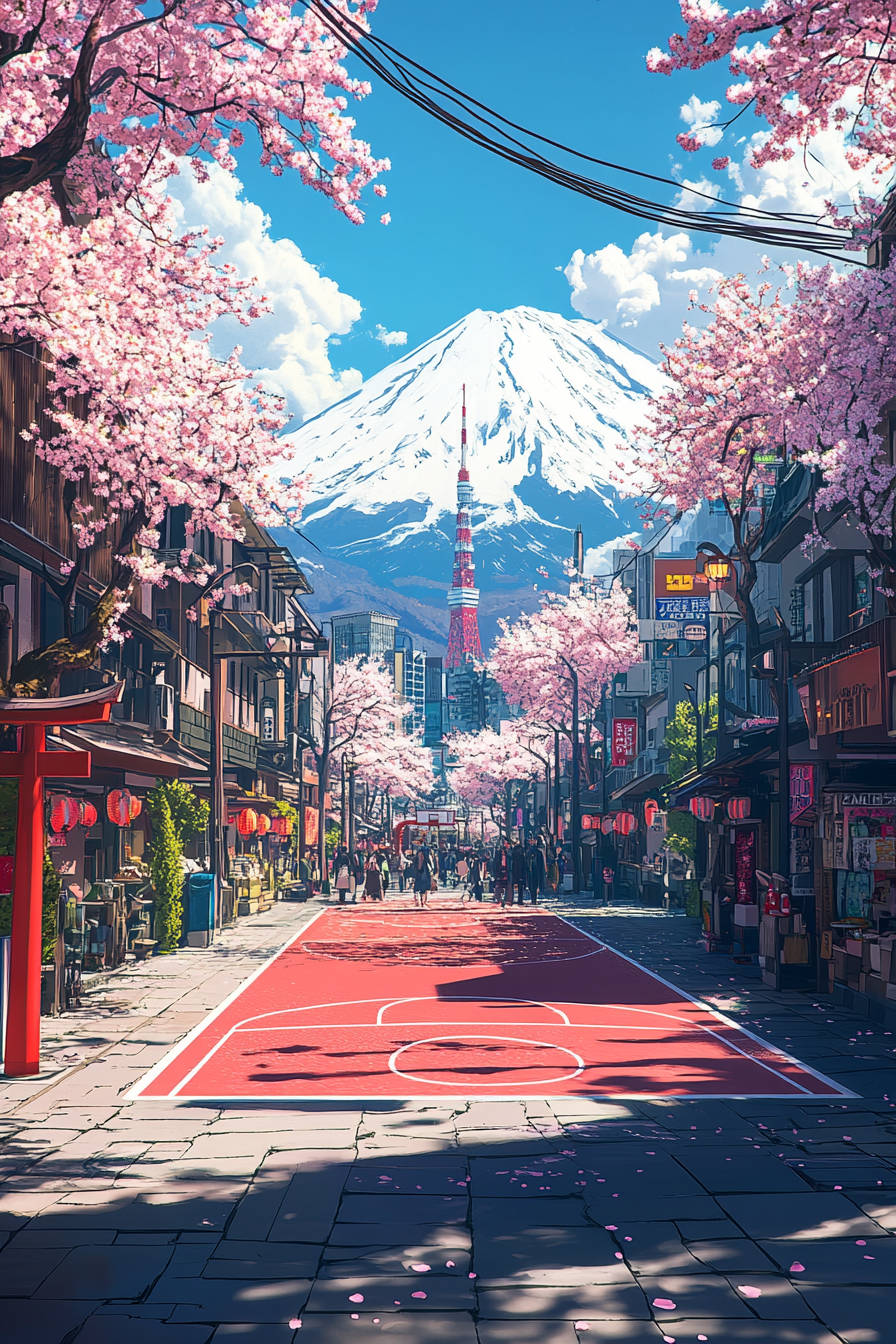 Half basketball court with Japanese flag colors, cherry blossoms.