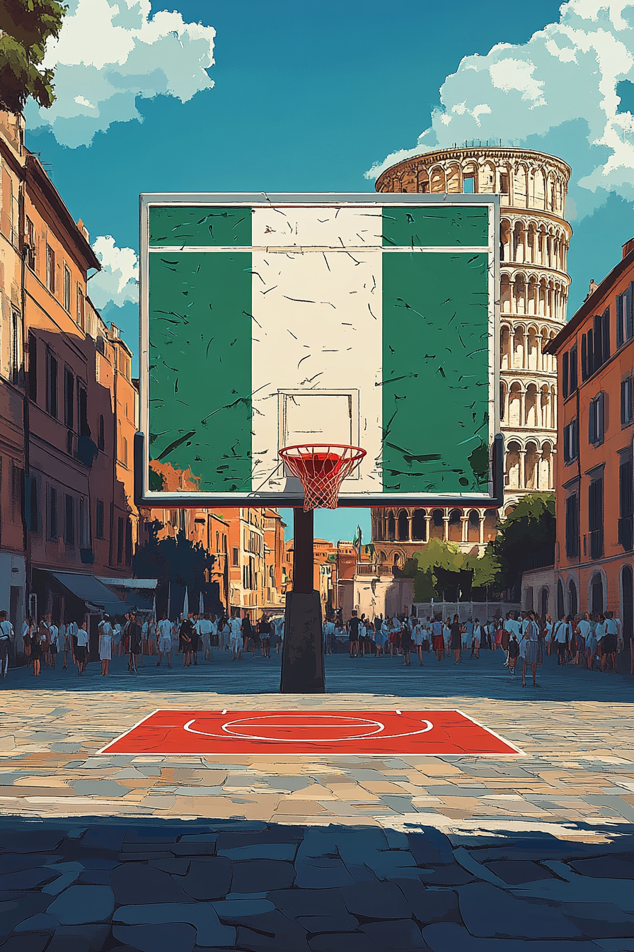 Half-court basketball scene with Italian flag backboard, landmarks.