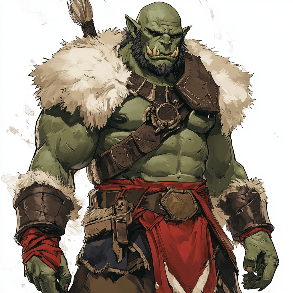 Half-orc warrior in red sashes with fur.