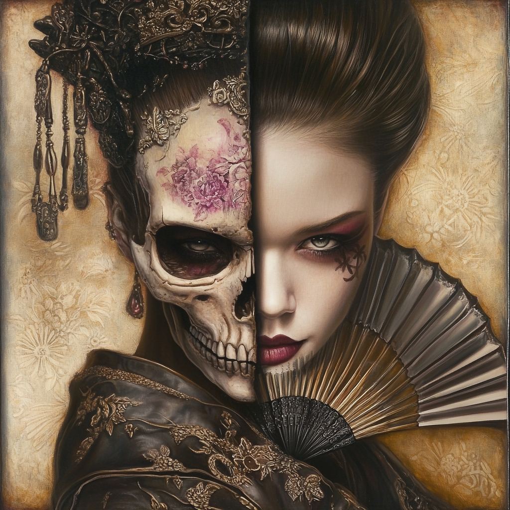 Half-skeleton half-human geisha portrait with fan and sword