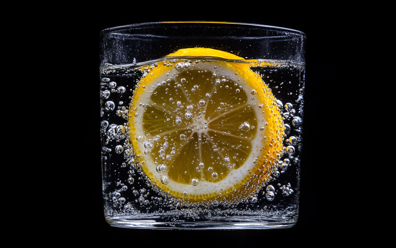 Half slice lemon in sparkling water, vibrant yellow contrast.