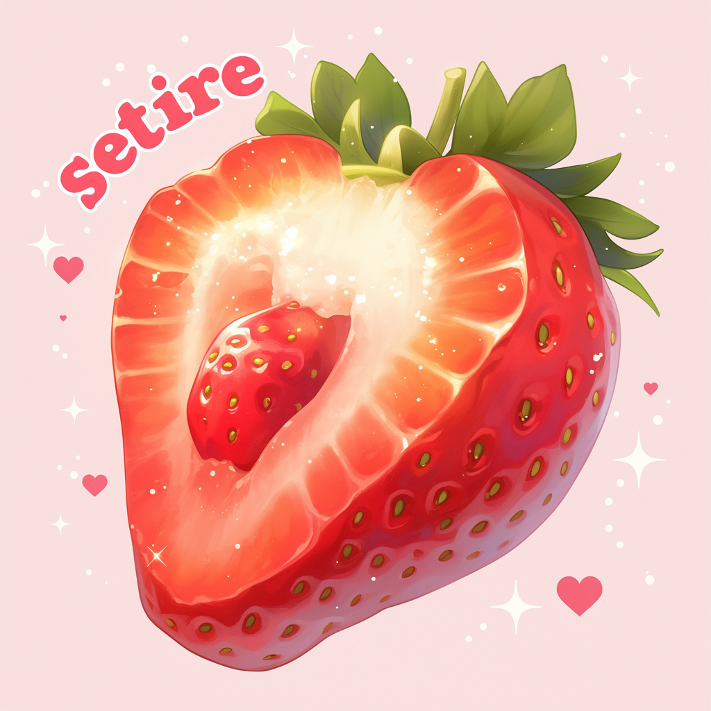 Half-strawberry sticker in cute digital artist style.