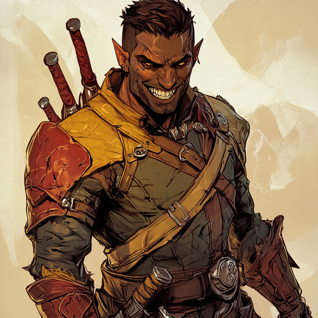 Halfing with Leather Armor, Knives. Red/Yellow. Classic Fantasy. 