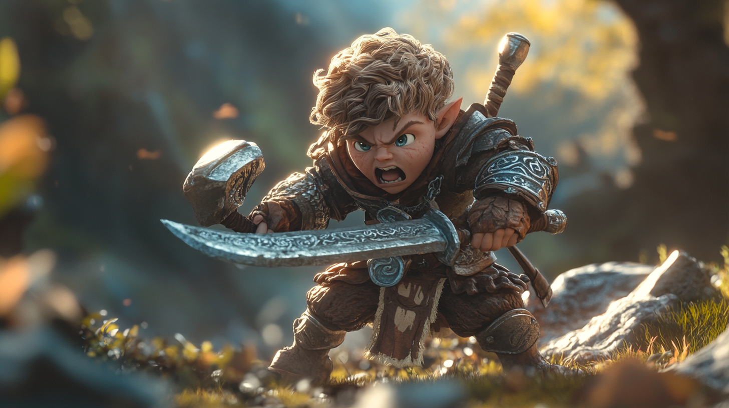 Halfling barbarian fighting in armor with weapon 4k.