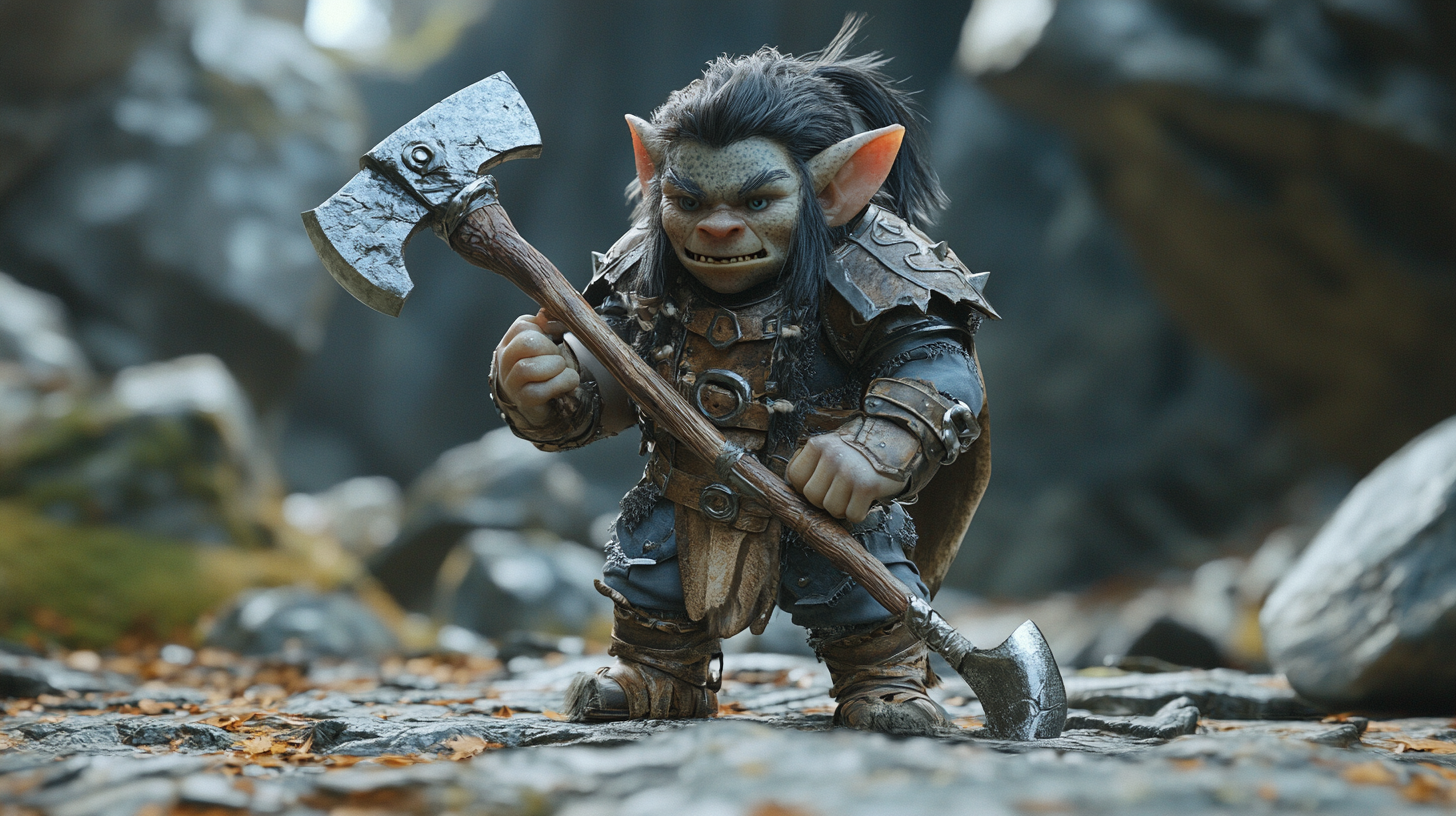 Halfling barbarian with axe in action shot, 4k.