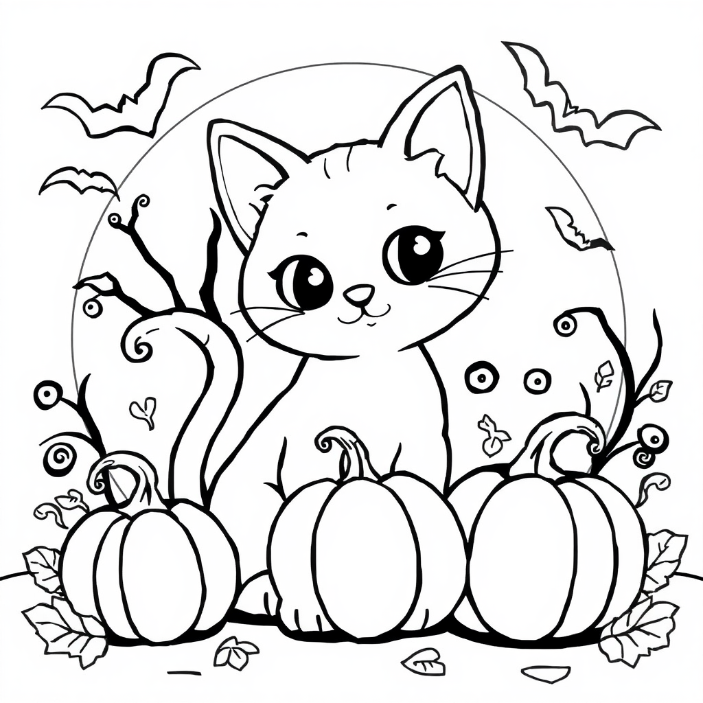 Halloween Coloring Pages with Cat and Pumpkins for Kids.