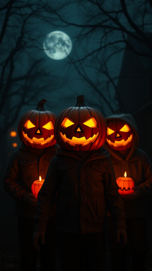 Halloween Night Trick or Treating with Jackolantern Pumpkin Head Kids