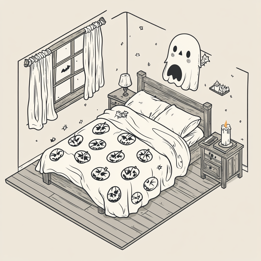 Halloween bedroom with pumpkin blanket, candle, friendly ghost, black.