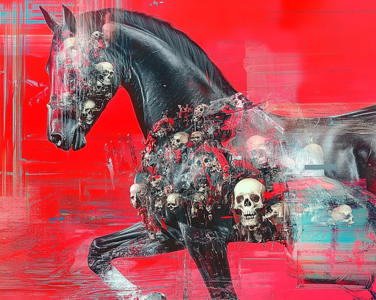 Halloween black horse with skulls moving towards you