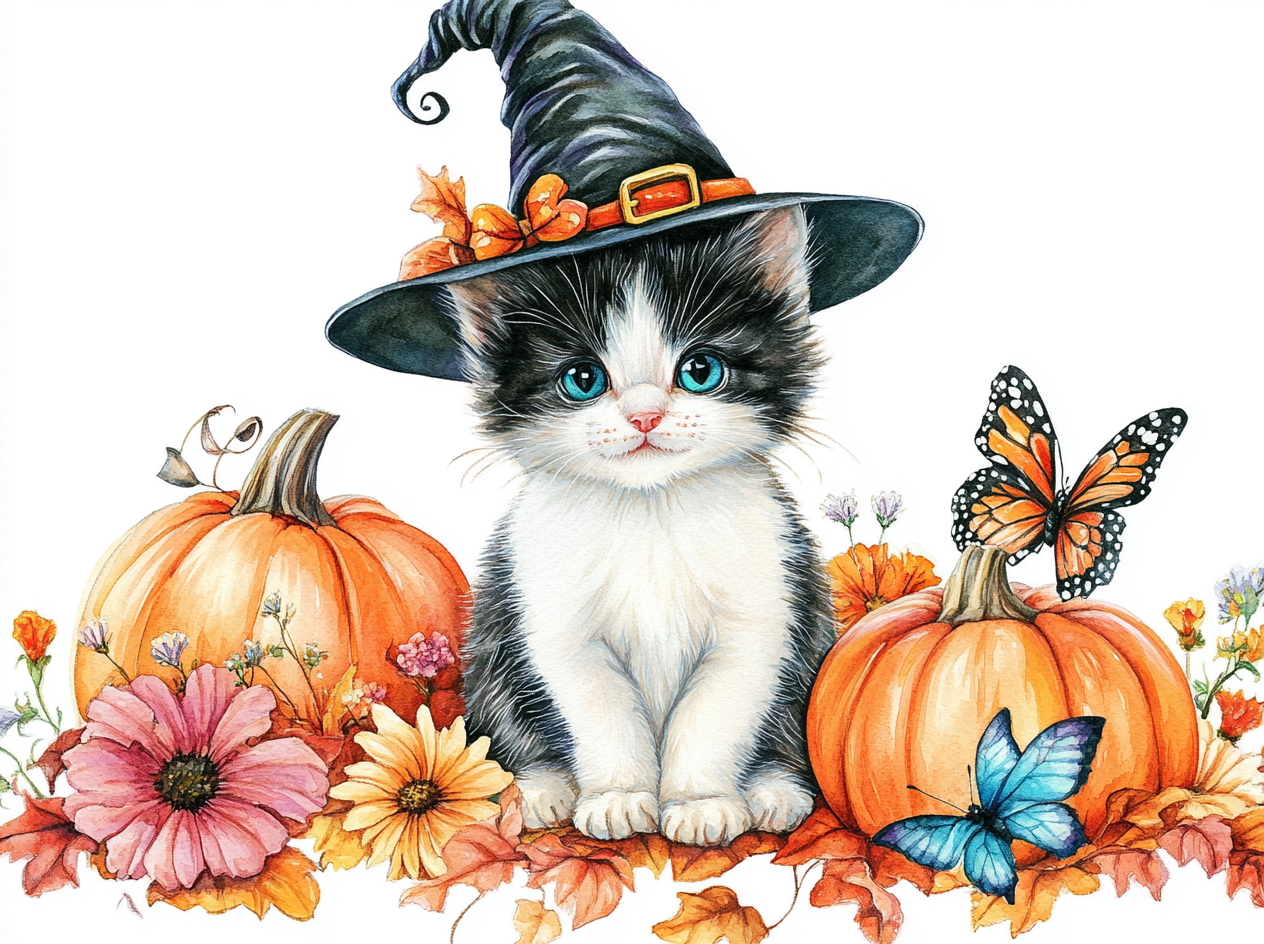 Halloween clipart of cute kitten in witch hat.