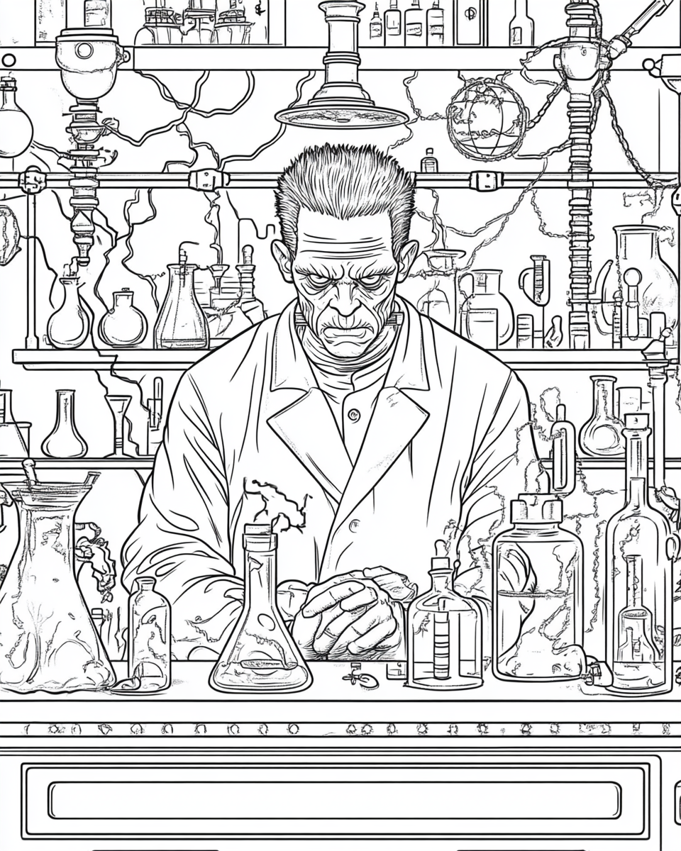 Halloween coloring page: Frankenstein in mad scientist's lab.