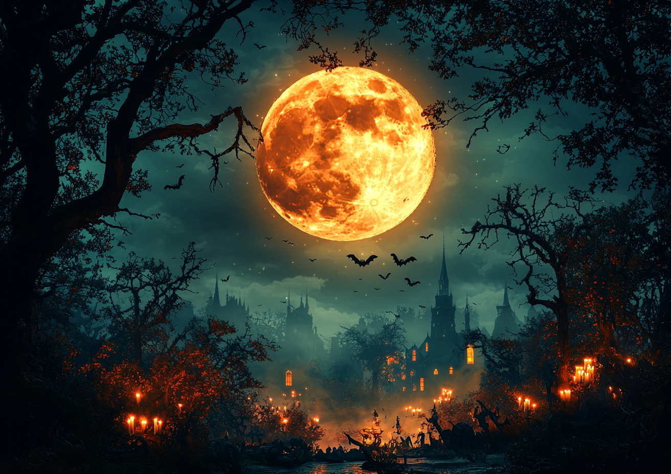 Halloween night with moon, bats, zombies, candles.