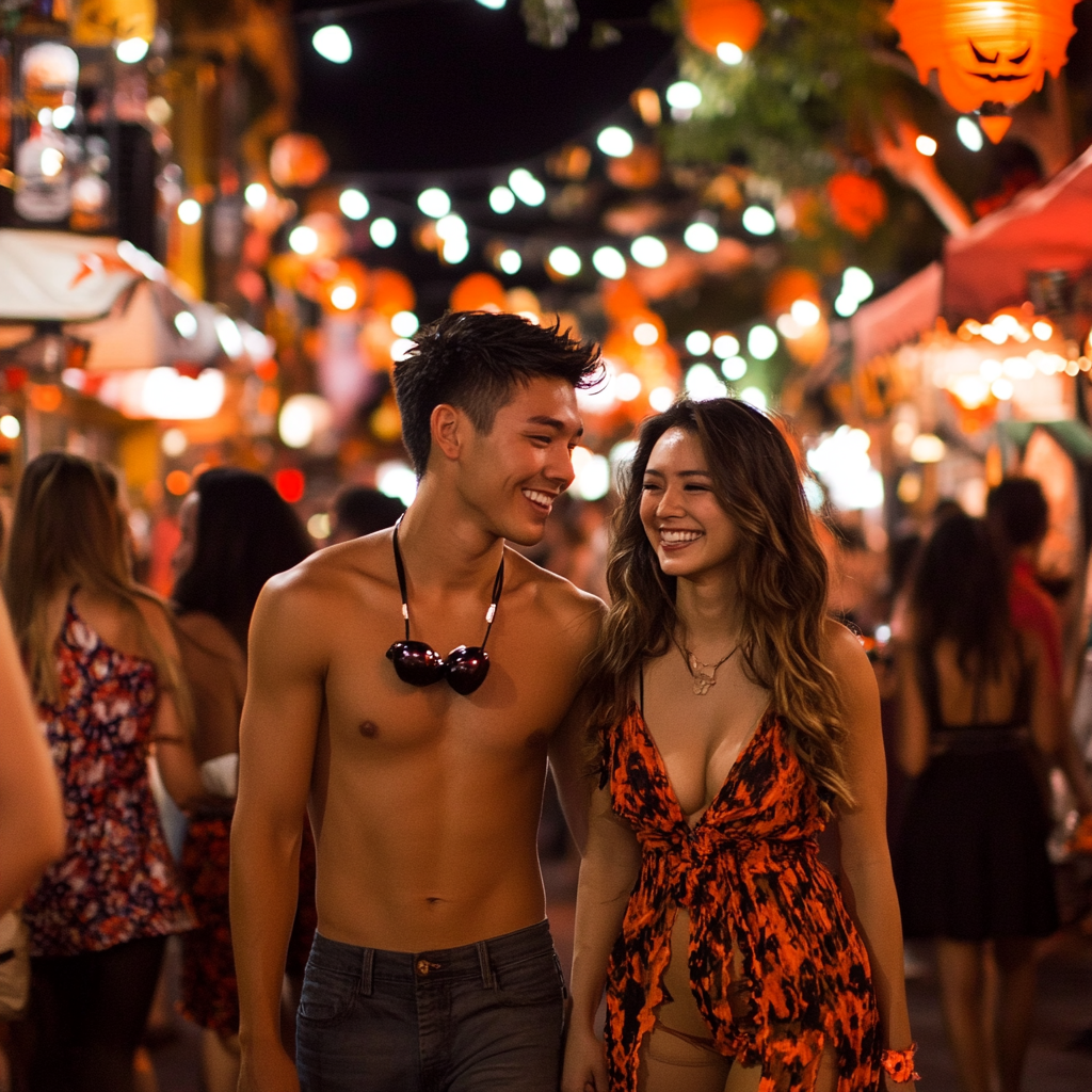 Halloween night: couple in costumes amid festive chaos