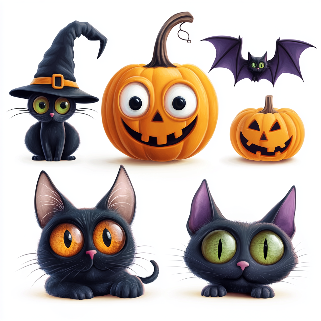 Halloween objects: pumpkin, cat, hat, bat, background.