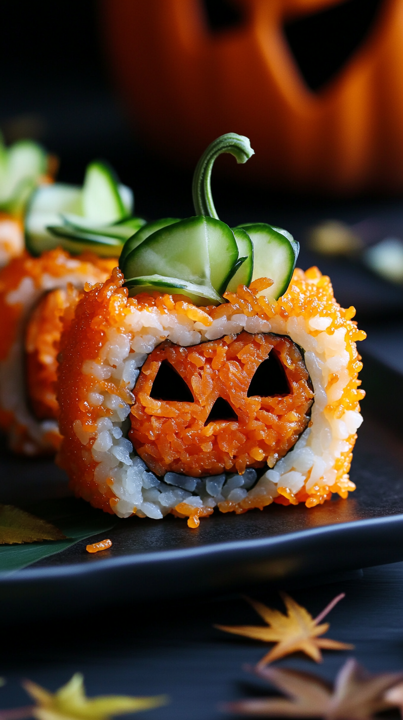 Halloween pumpkin sushi roll with spooky face.